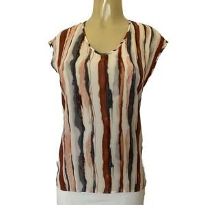 St John Silk Top Blouse Sleeveless Striped Brown Gray Cream Keyhole Stre…